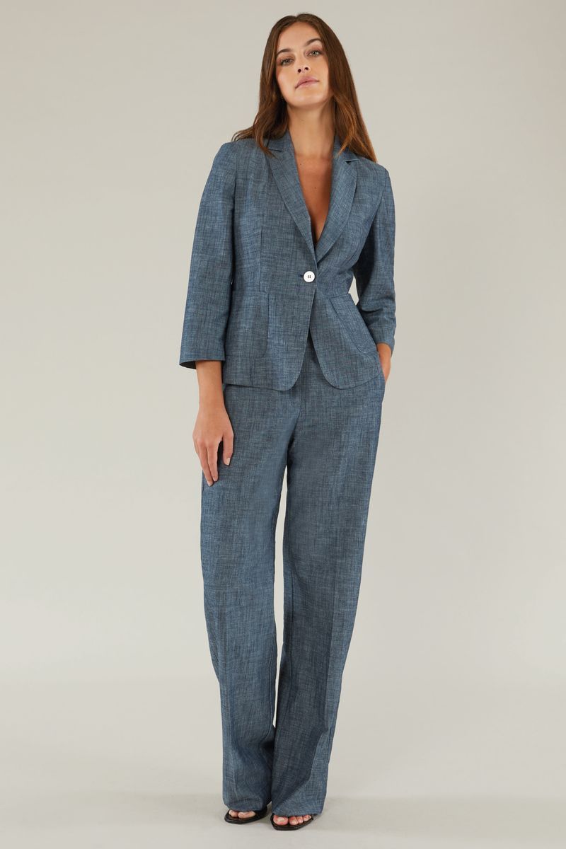 Однобортный льняной жакет с эффектом деним серый Elena Mirò